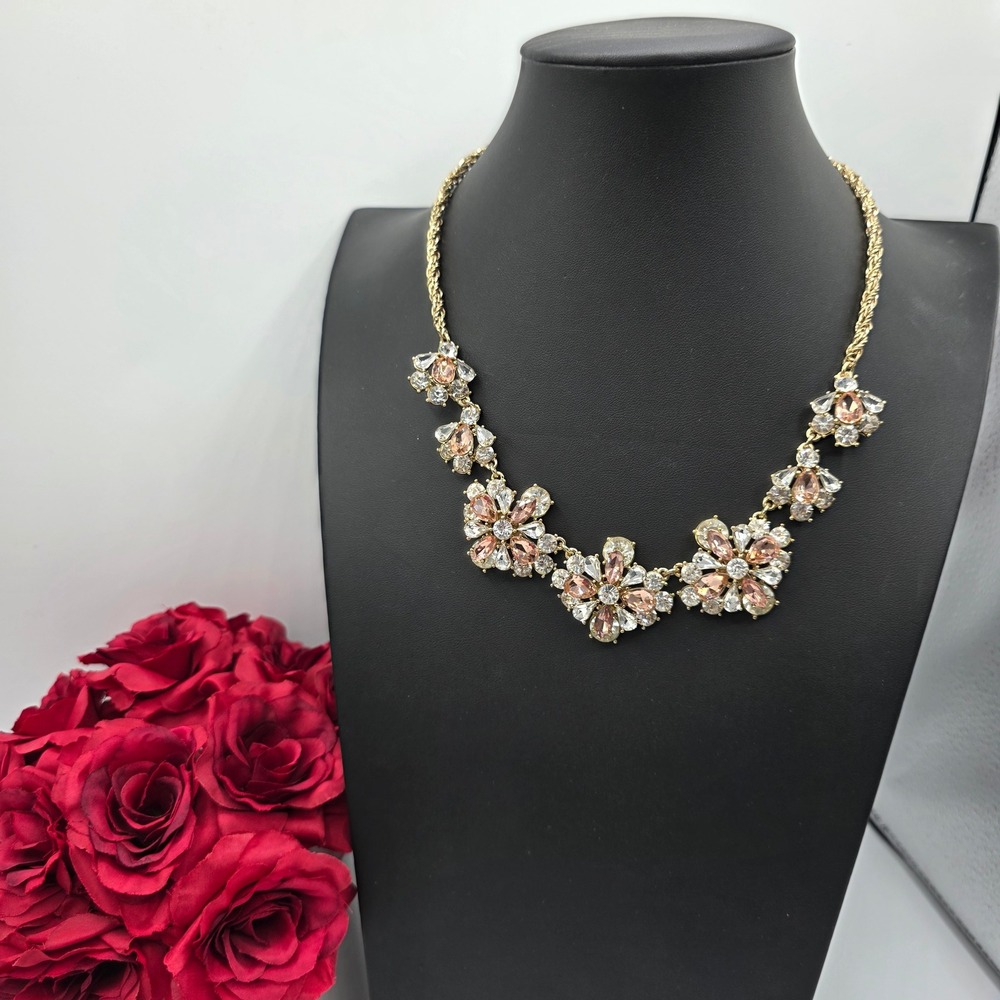 Charter Club Gold Tone Pink Clear Crystal‎ Floral Statement Necklace Cluster